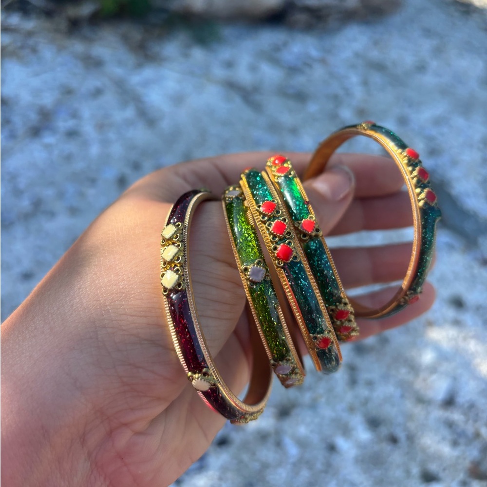 SET OF 5 Bright Multicolour Bangles Set Red and Green - Picture 4 of 9